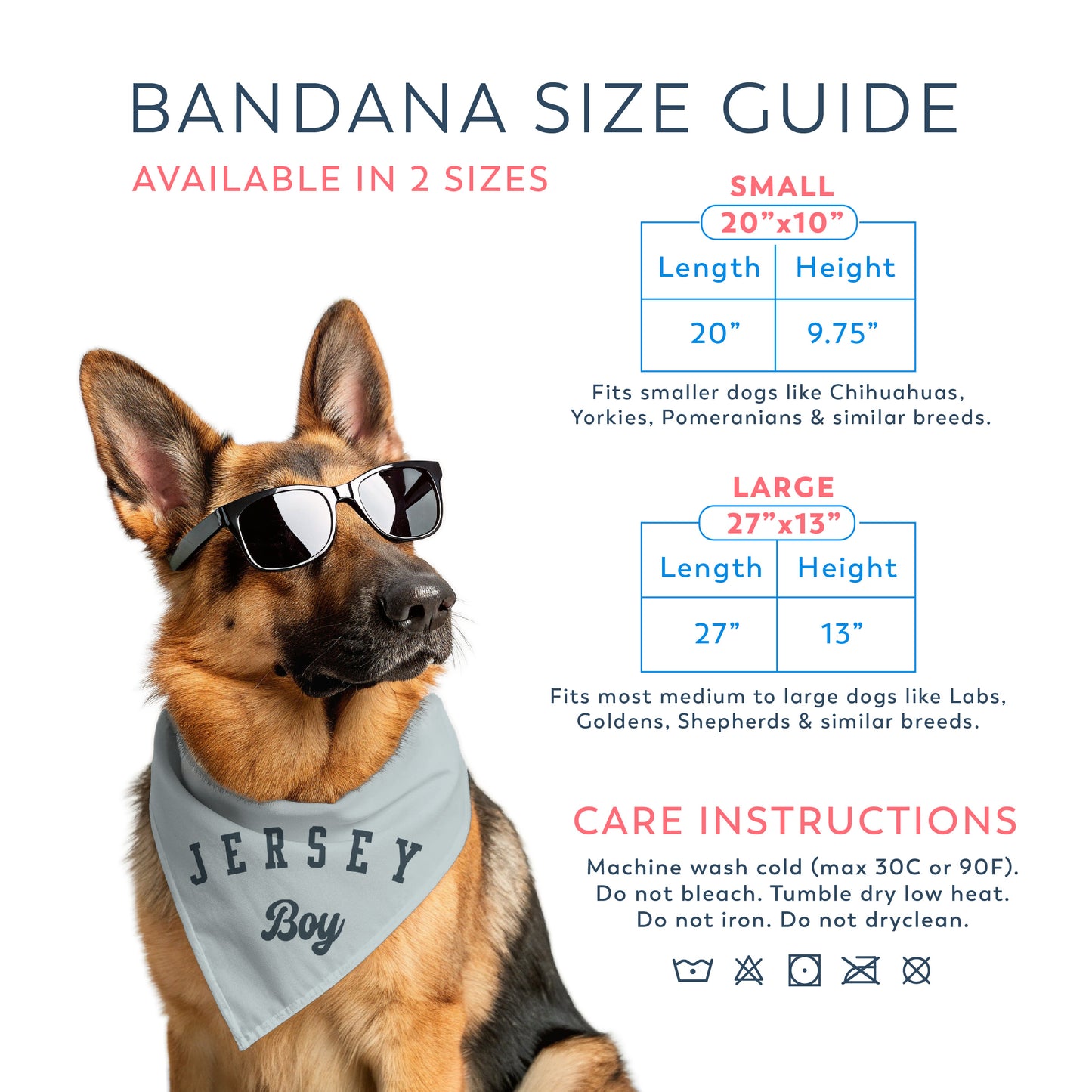 Dog wearing a bandana with bandana size guide and care instructions on a white background