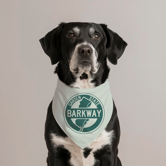 Black Lab modeling a New Jersey-themed Garden State Barkway bandana by Ollie Pop Design Co