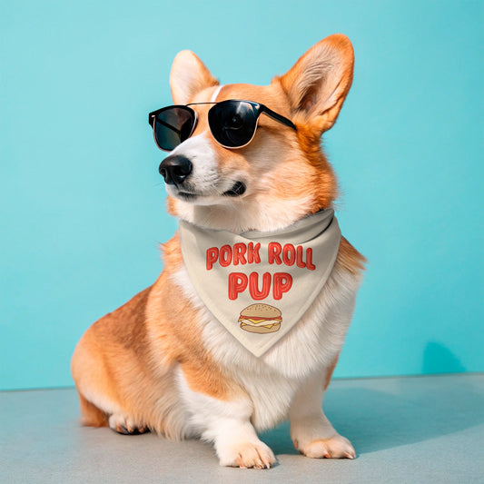 Dog wearing sunglasses and a 'Pork Roll Pup' bandana on a light blue background