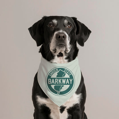 Black Lab modeling a New Jersey-themed Garden State Barkway bandana by Ollie Pop Design Co