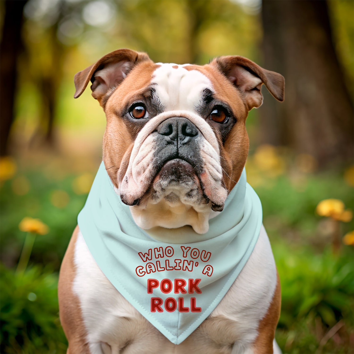 Bulldog wearing a Who you Callin a pork roll NJ bandana