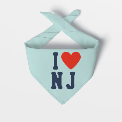 Light blue dog bandana with 'I ❤️ NJ' text on a white background