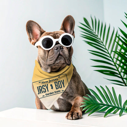 Dog wearing sunglasses and a New Jersey License Plate JERSY BOY bandana 