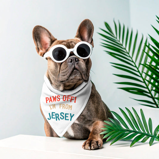 Dog wearing sunglasses and a bandana with Paws Off I'm From Jersey text